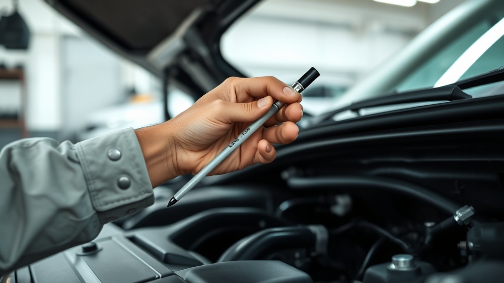 자동차 보닛을 열고 엔진오일 레벨 게이지를 확인하며 상태를 점검하는 운전자의 모습