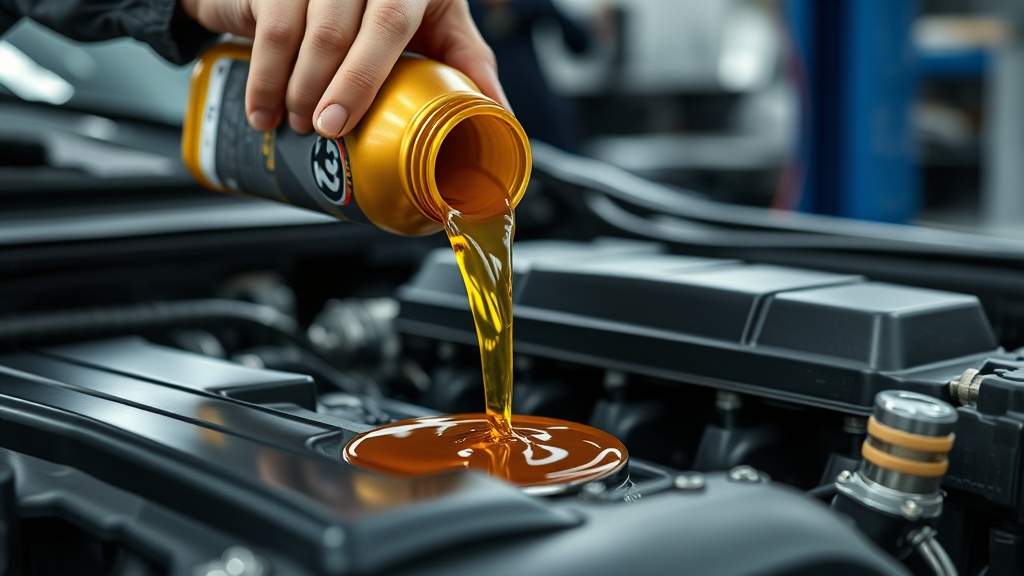 정비소에서 깨끗한 새 엔진오일을 자동차 엔진에 주입하고 있는 장면
